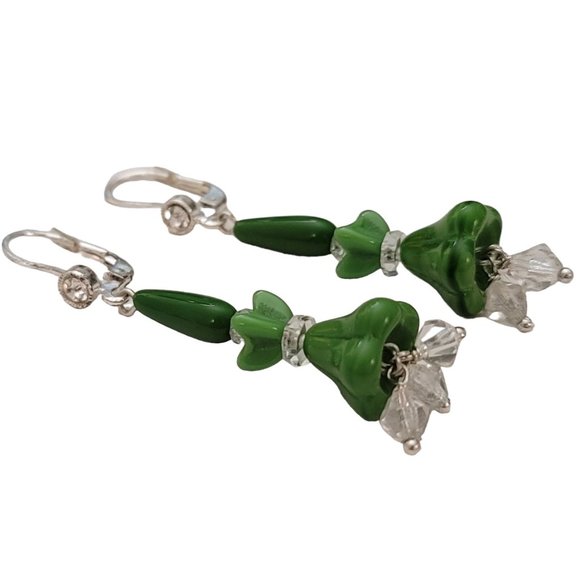 Czech Vintage Green Clear Glass Beads Lever Back Dangle Drop Earrings E155 - Picture 3 of 6